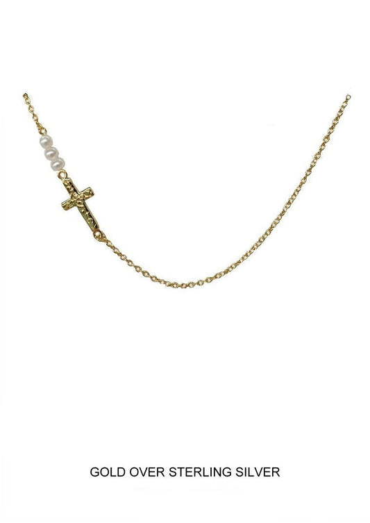 Child's Promise - Gold, 3-Pearl Cross Necklace