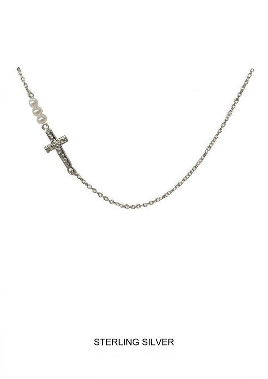 Child's Promise - Silver, 3-Pearl Cross Necklace