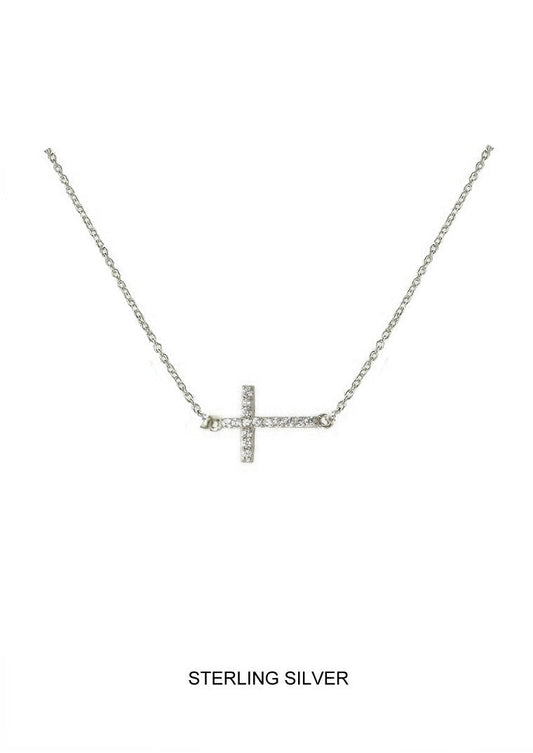 Devoted - Silver CZ Sideways Cross Necklace
