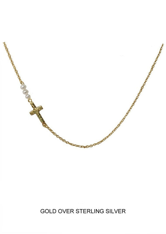 Promise - Gold, 3-Pearl Cross Necklace
