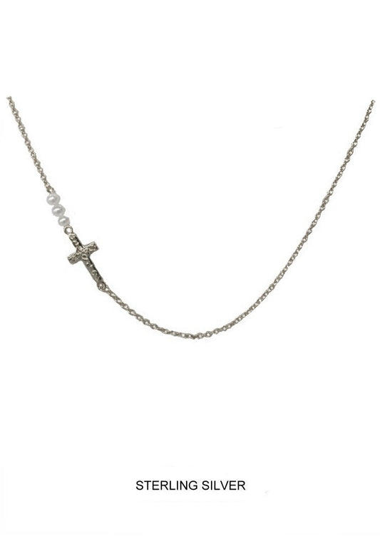 Promise - Silver, 3-Pearl Cross Necklace
