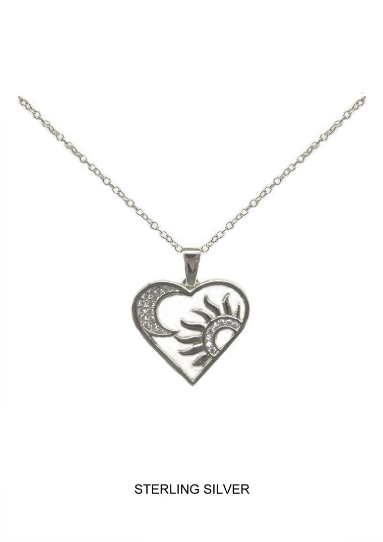 Heart Sun & Moon Necklace - Silver CZ Pendant