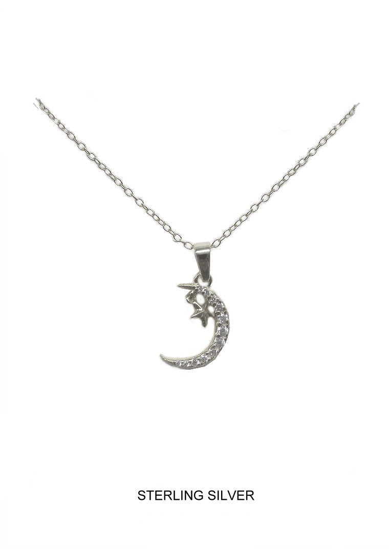 Moon & Stars Pendant - Silver CZ Necklace