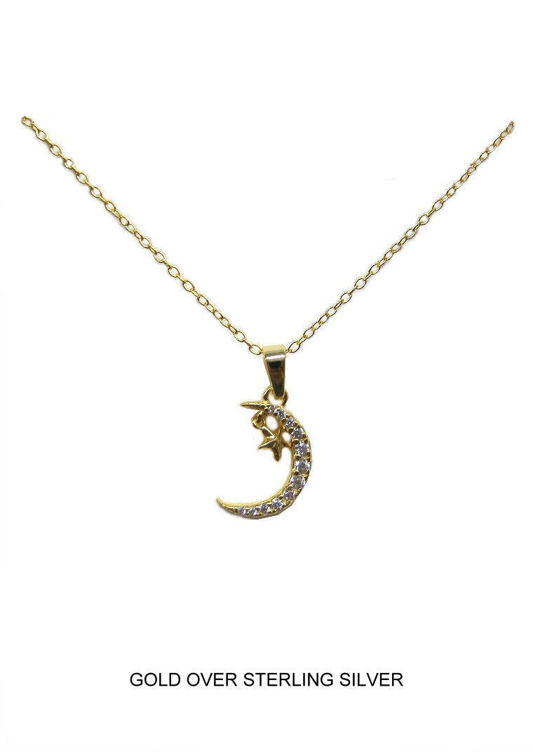 Moon & Stars Pendant - Gold CZ Necklace
