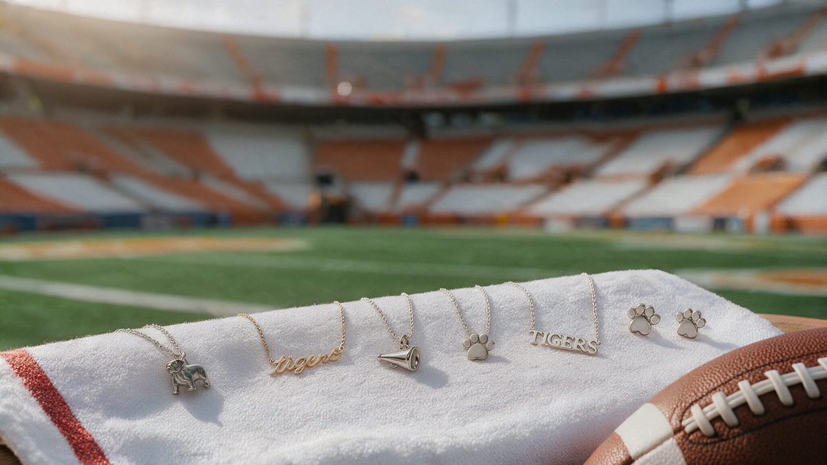 Skōsh Jewelry game day necklaces and earrings laid on a towel in a football stadium