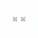 A pair of Princess Cut White Cubic Zirconia Stud Earrings 4mm by Skōsh Jewelry, featuring square princess-cut clear stones in a four-prong sterling silver setting, displayed against a white background.