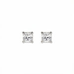 A pair of Princess Cut White Cubic Zirconia Stud Earrings 6mm by Skōsh Jewelry, featuring square princess-cut clear stones in a four-prong sterling silver setting, displayed against a white background.