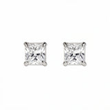 A pair of Princess Cut White Cubic Zirconia Stud Earrings 8mm by Skōsh Jewelry, featuring square princess-cut clear stones in a four-prong sterling silver setting, displayed against a white background.