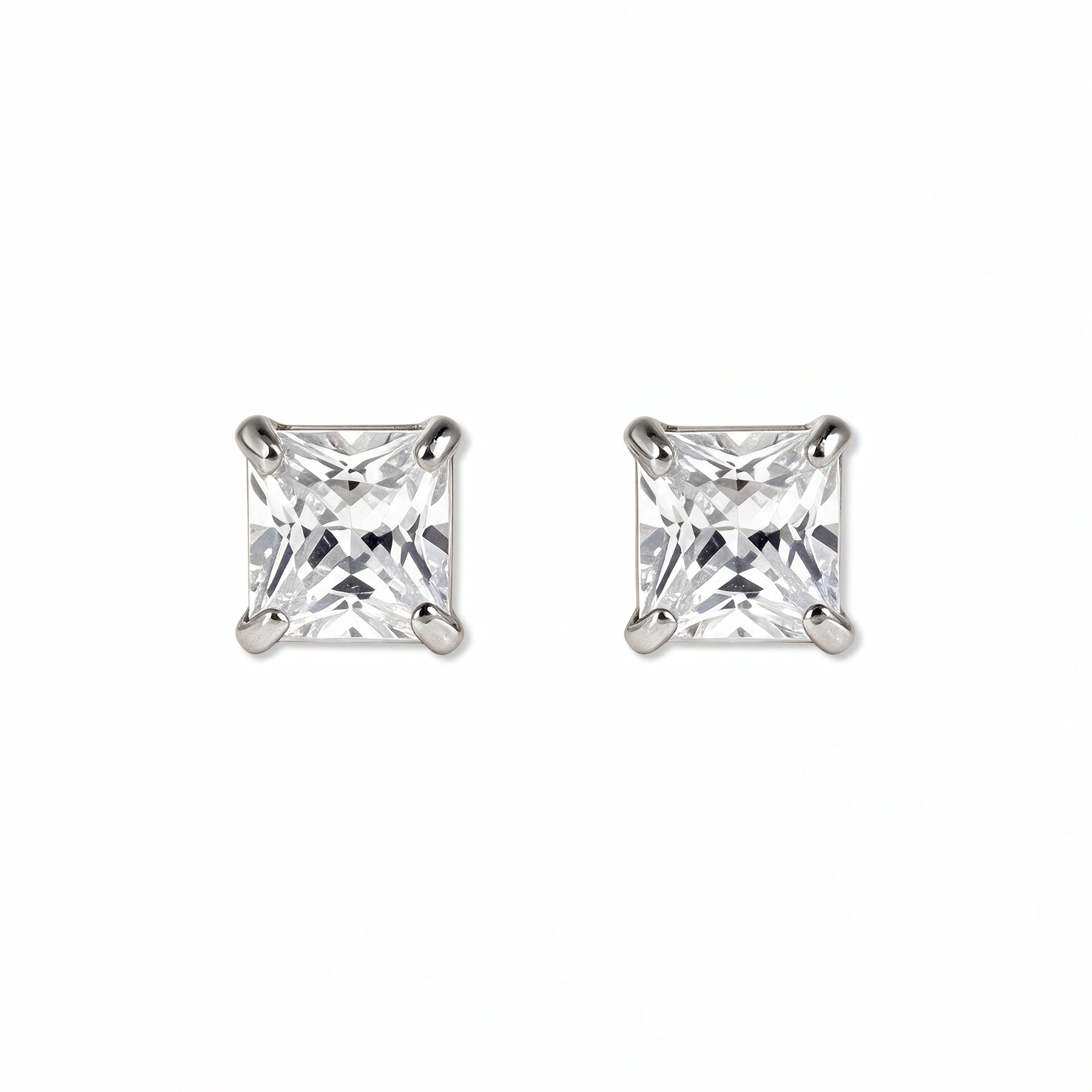 A pair of Princess Cut White Cubic Zirconia Stud Earrings 8mm by Skōsh Jewelry, featuring square princess-cut clear stones in a four-prong sterling silver setting, displayed against a white background.