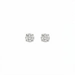 A pair of Round White Cubic Zirconia Stud Earrings 4mm by Skōsh Jewelry, featuring round, faceted clear stones in a four-prong sterling silver setting, displayed against a white background.