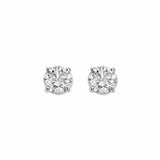 A pair of Round White Cubic Zirconia Stud Earrings 8mm by Skōsh Jewelry, featuring round, faceted clear stones in a four-prong sterling silver setting, displayed against a white background.