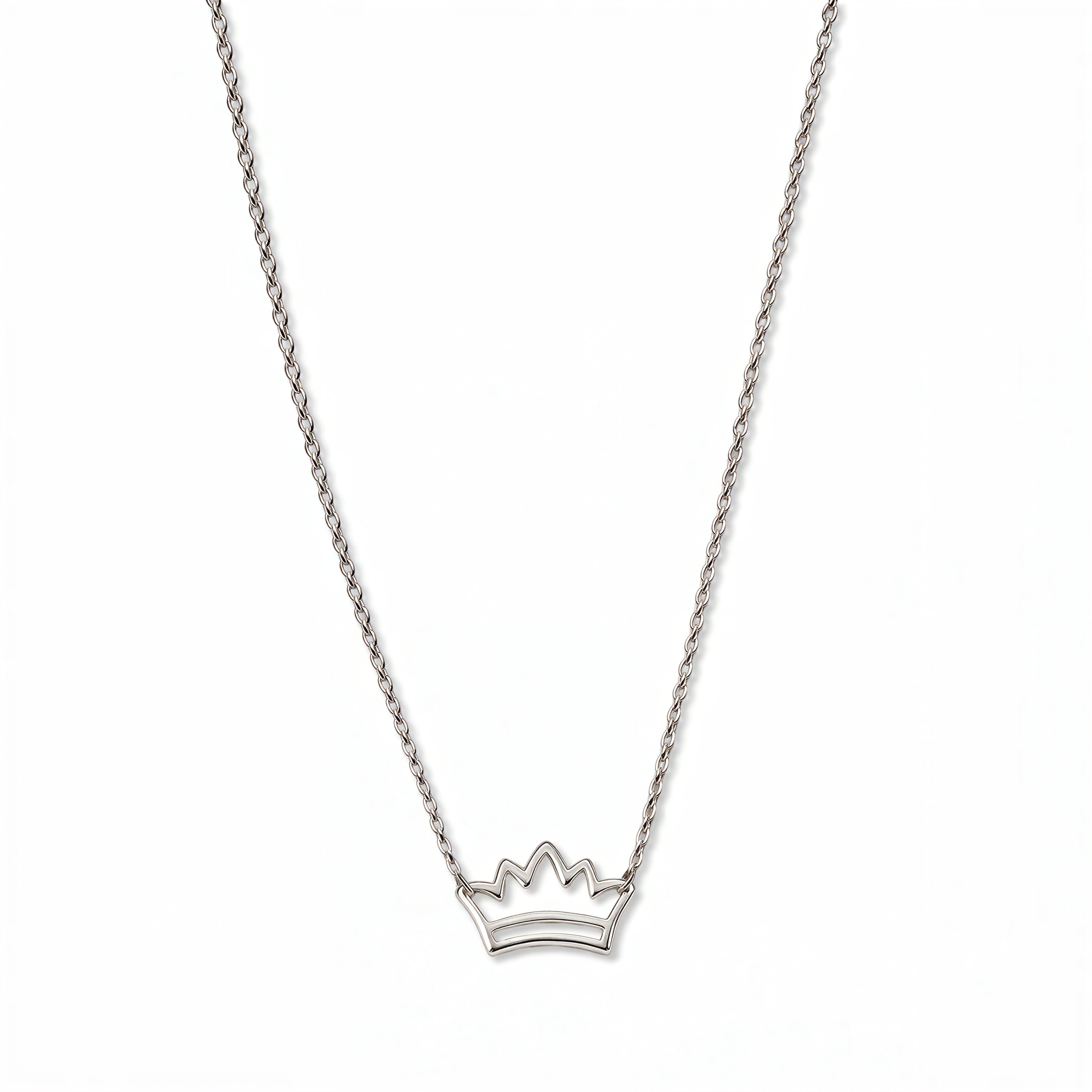A Rise Crown Necklace by Skōsh Jewelry, featuring a small open crown outline set horizontally on a fine sterling silver chain, displayed against a white background.