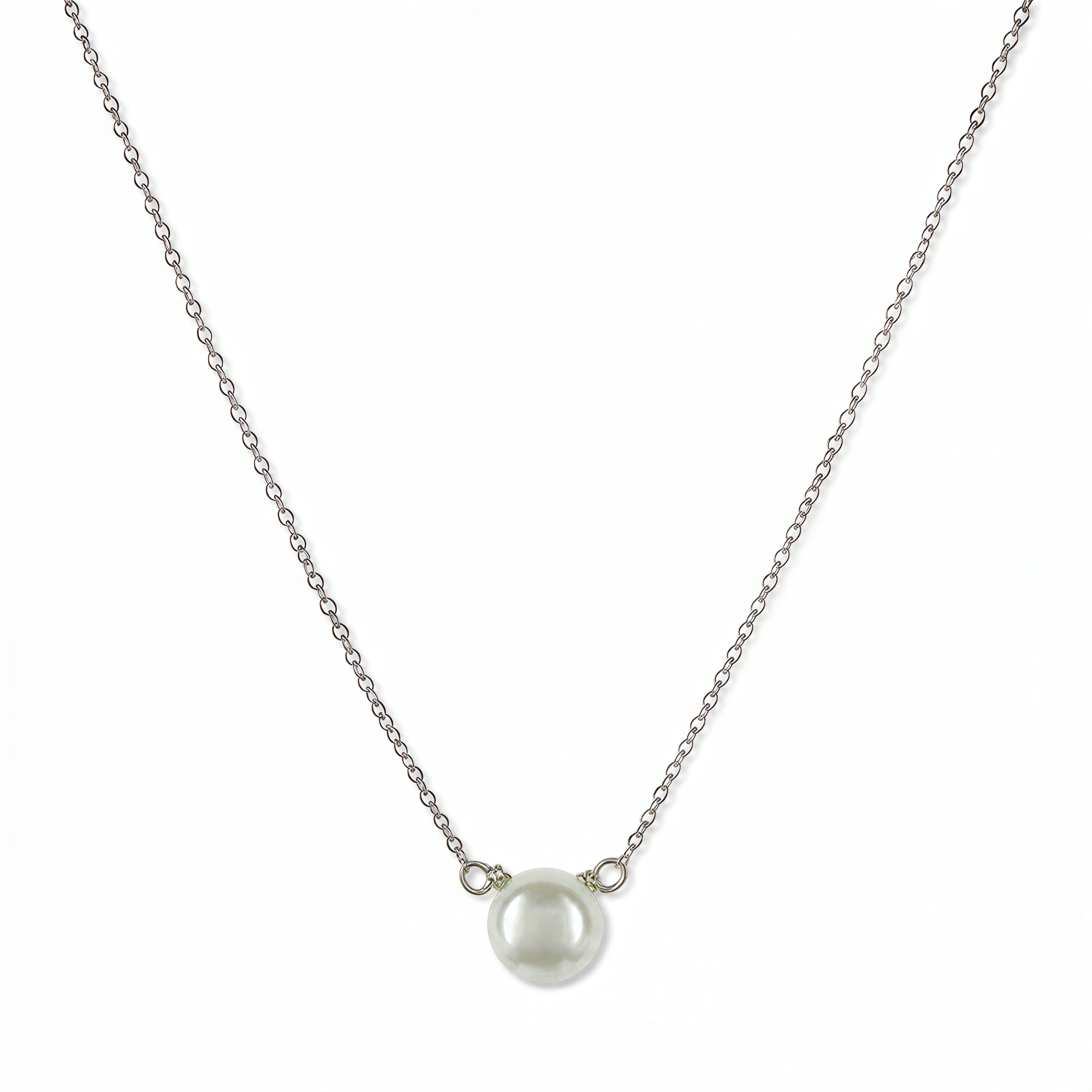 A Skōsh Kids Freshwater Pearl Necklace by Skōsh Jewelry, featuring a single round white freshwater pearl on a fine sterling silver chain, displayed against a white background.