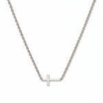 A Skōsh Kids Inline Sideways Cross Necklace by Skōsh Jewelry, featuring a slim polished cross set sideways on a fine sterling silver chain, displayed against a white background.