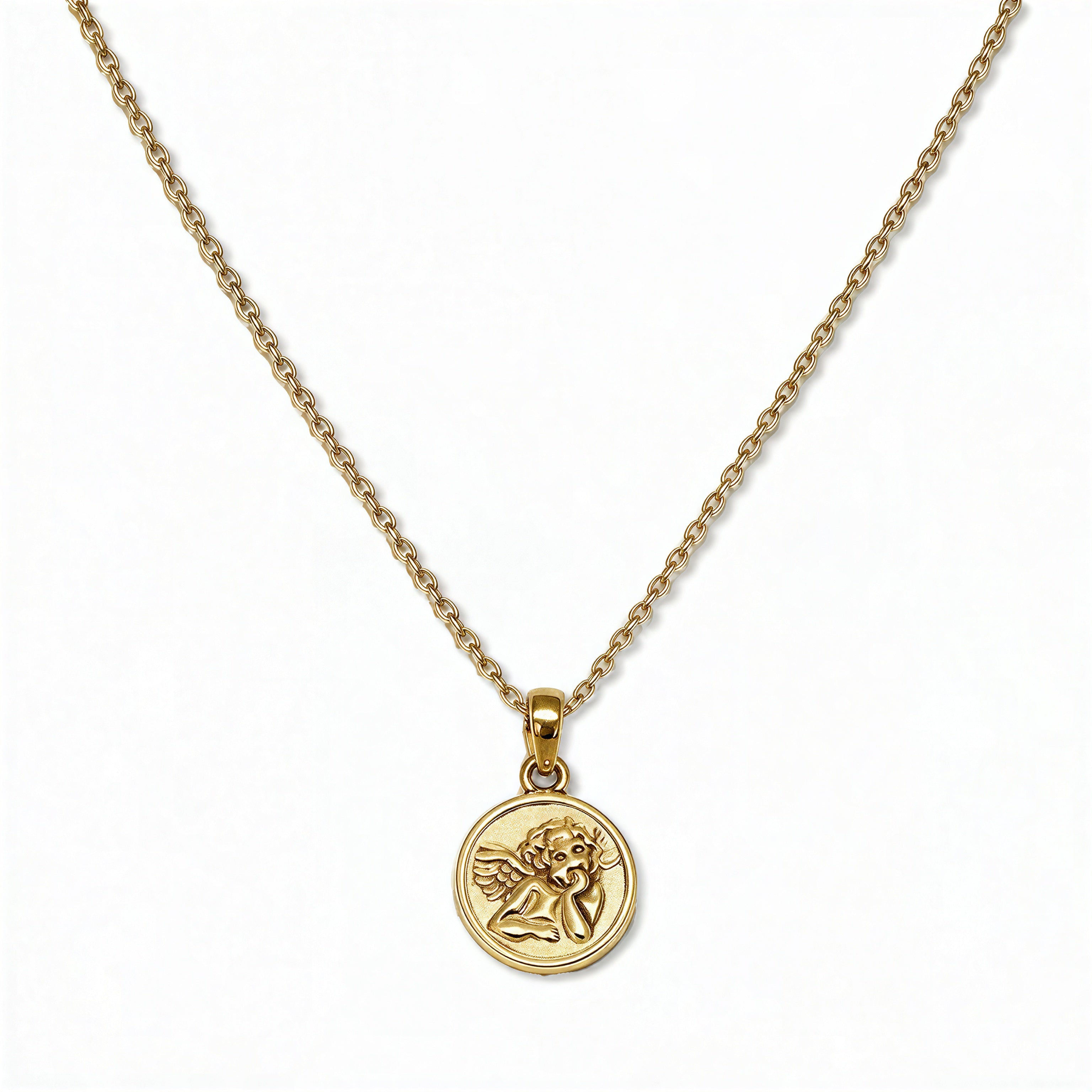 A Skōsh Kids Guardian Angel Pendant Necklace by Skōsh Jewelry, featuring a round medallion pendant engraved with a guardian angel on a fine gold chain, displayed against a white background.