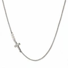 A Skōsh Kids Three Wishes Inline Cross with Pearl Accent Necklace by Skōsh Jewelry, featuring a small textured sideways cross with three white freshwater pearls on a fine sterling silver chain, displayed against a white background.
