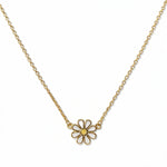 A Skōsh Kids Daisy Necklace by Skōsh Jewelry, featuring a white enamel daisy with a yellow center set on a fine gold chain, displayed against a white background.