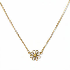 A Skōsh Kids Daisy Necklace by Skōsh Jewelry, featuring a white enamel daisy with a yellow center set on a fine gold chain, displayed against a white background.