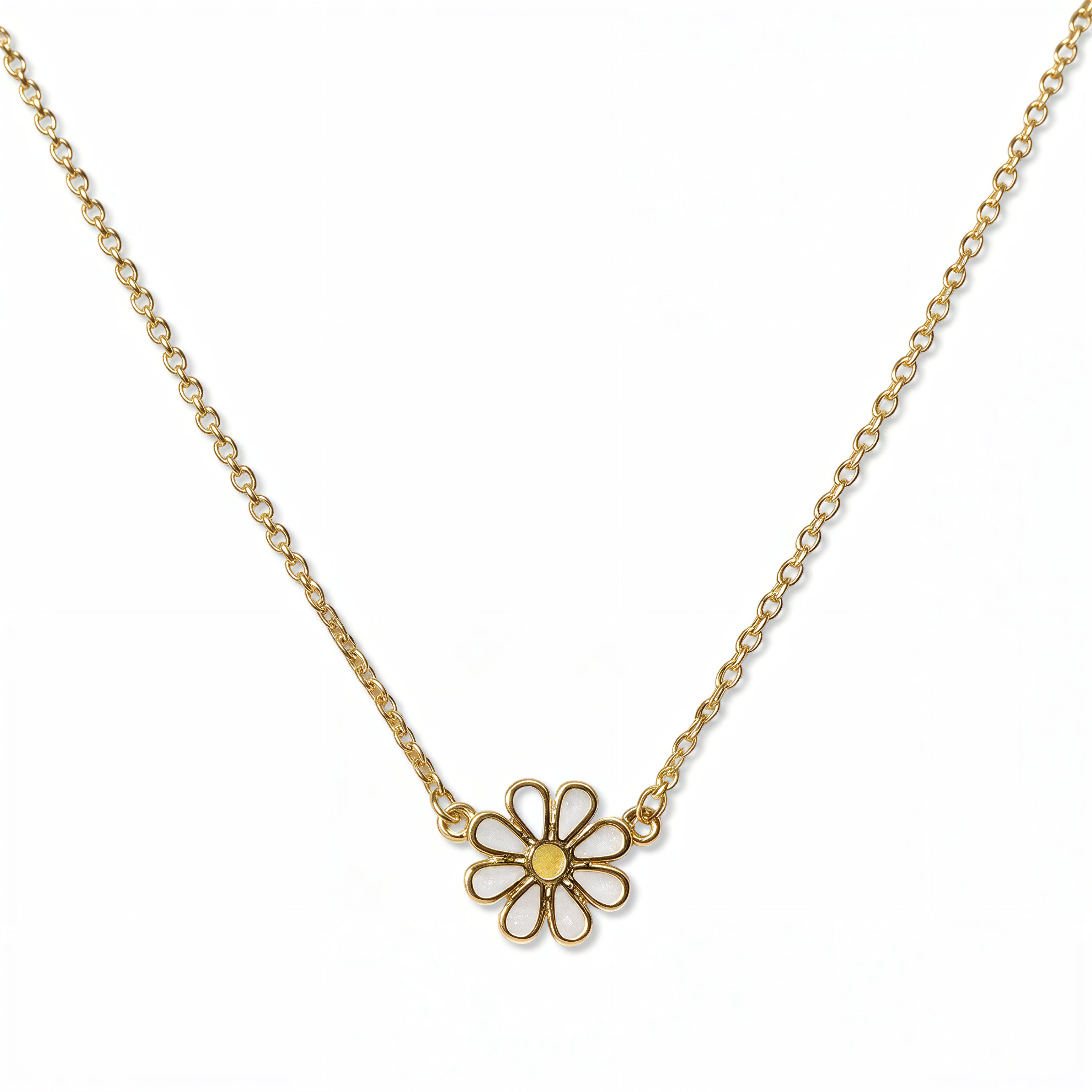 A Skōsh Kids Daisy Necklace by Skōsh Jewelry, featuring a white enamel daisy with a yellow center set on a fine gold chain, displayed against a white background.