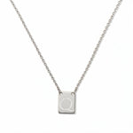 An Engraved Initial Necklace Letter Q by Skōsh Jewelry, featuring a small rectangular tag engraved with the letter Q on a fine sterling silver chain, displayed against a white background.