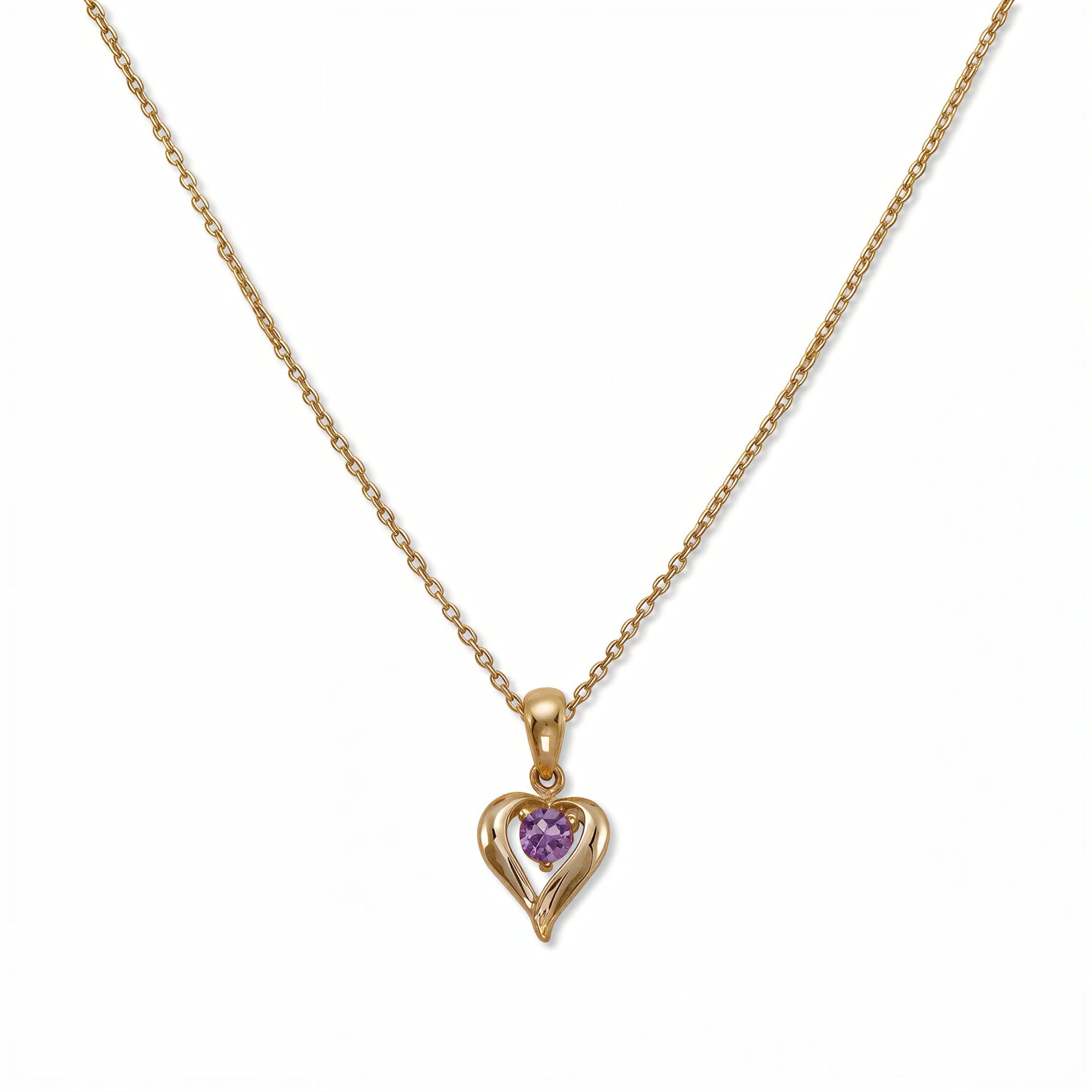 A June Birthstone Lavender Cubic Zirconia Heart Necklace by Skōsh Jewelry, featuring a heart-shaped light purple stone framed in a sculpted gold heart pendant on a fine chain, displayed against a white background.