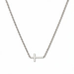 A True Path Inline Sideways Cross Necklace by Skōsh Jewelry, featuring a slim polished cross set sideways on a fine sterling silver chain, displayed against a white background.