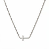 A True Path Inline Sideways Cross Necklace by Skōsh Jewelry, featuring a slim polished cross set sideways on a fine sterling silver chain, displayed against a white background.