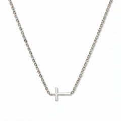 A True Path Inline Sideways Cross Necklace by Skōsh Jewelry, featuring a slim polished cross set sideways on a fine sterling silver chain, displayed against a white background.