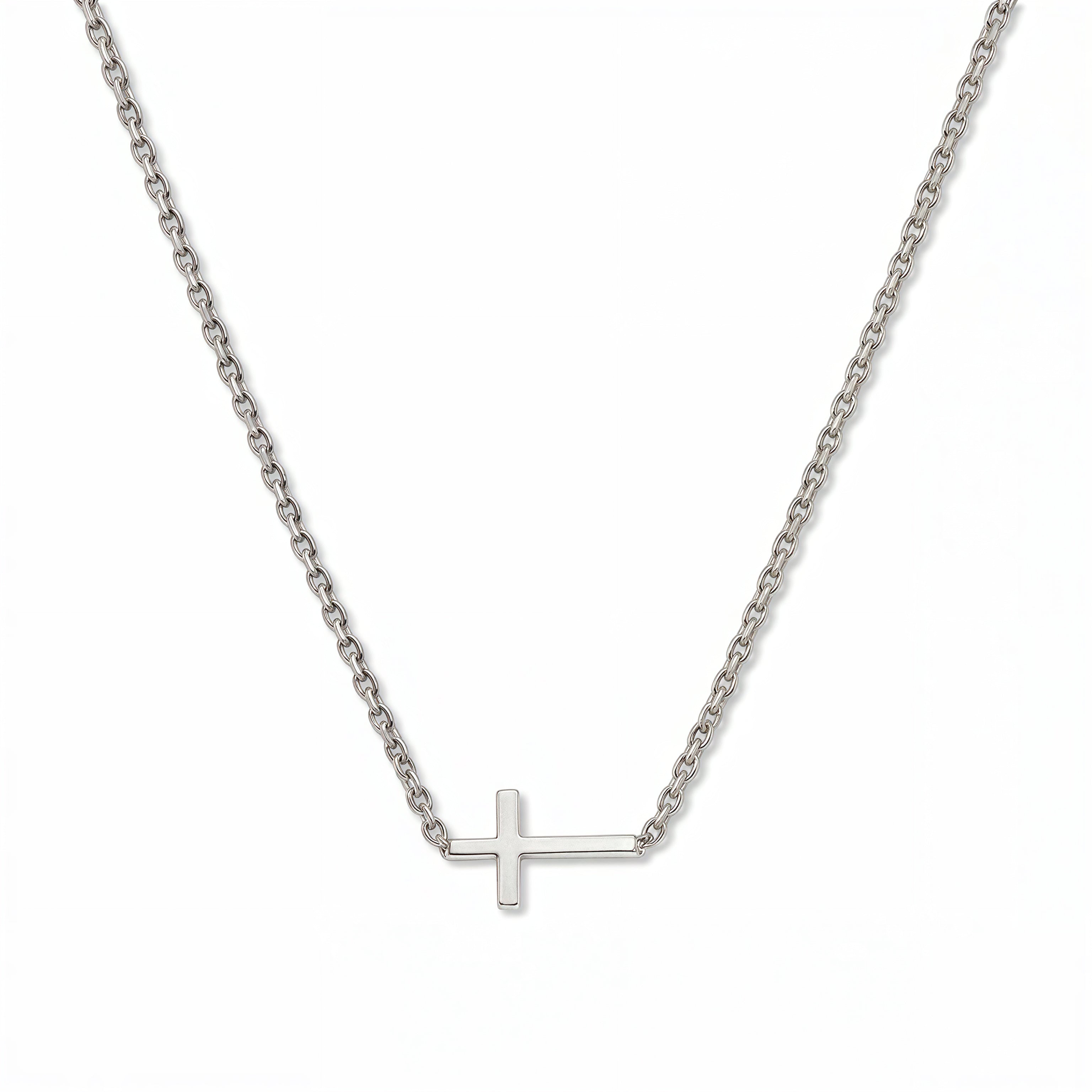 A True Path Inline Sideways Cross Necklace by Skōsh Jewelry, featuring a slim polished cross set sideways on a fine sterling silver chain, displayed against a white background.