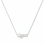 A tigers Gameday Necklace by Skōsh Jewelry, featuring the word 'tigers' in lowercase letters set horizontally on a fine sterling silver chain, displayed against a white background.