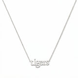 A tigers Gameday Necklace by Skōsh Jewelry, featuring the word 'tigers' in lowercase letters set horizontally on a fine sterling silver chain, displayed against a white background.
