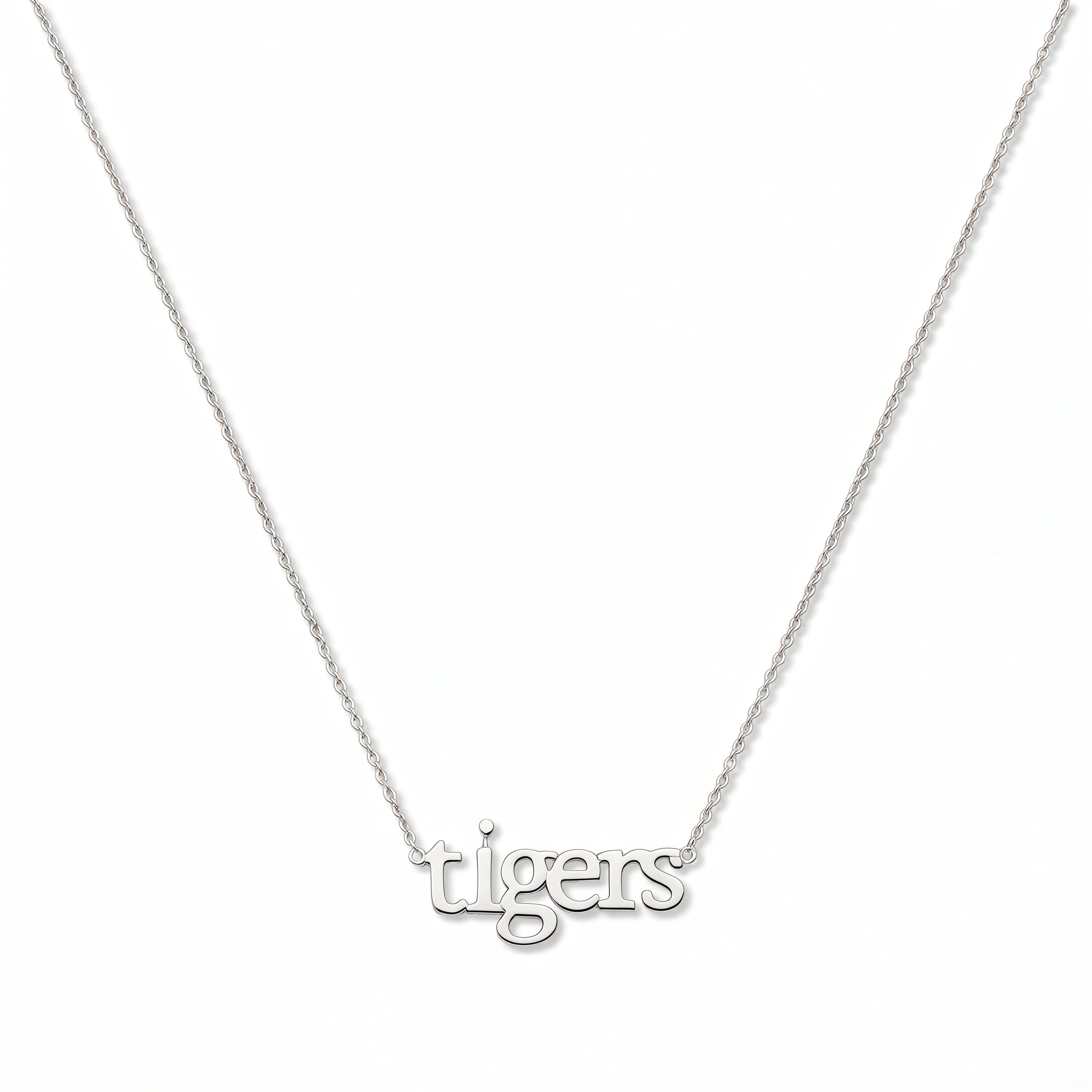 A tigers Gameday Necklace by Skōsh Jewelry, featuring the word 'tigers' in lowercase letters set horizontally on a fine sterling silver chain, displayed against a white background.