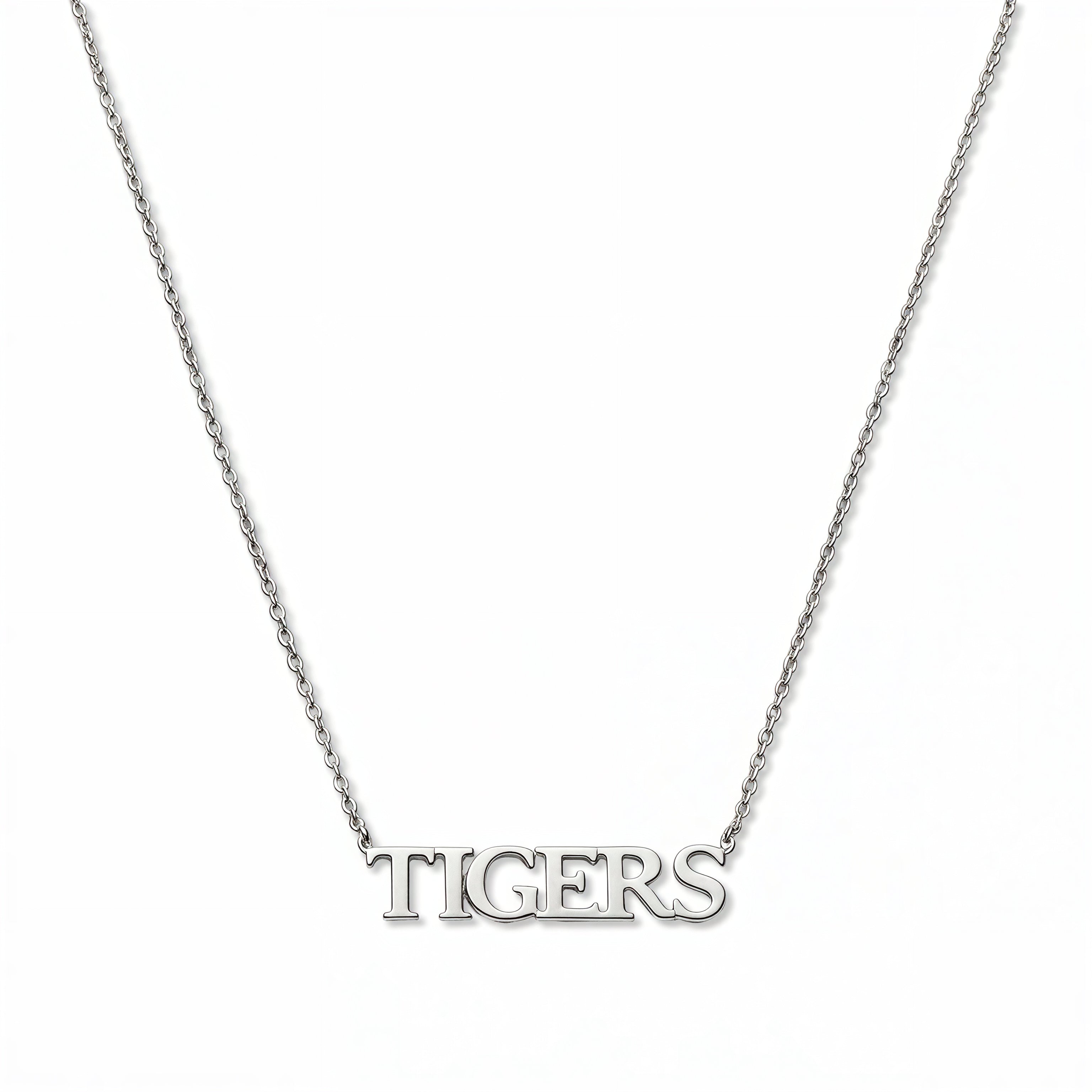 A TIGERS Gameday Necklace by Skōsh Jewelry, featuring the word 'TIGERS' in capital serif letters set horizontally on a fine sterling silver chain, displayed against a white background.