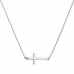 An Abide Sideways Cross Necklace by Skōsh Jewelry, featuring a classic polished cross set sideways on a fine sterling silver chain, displayed against a white background.