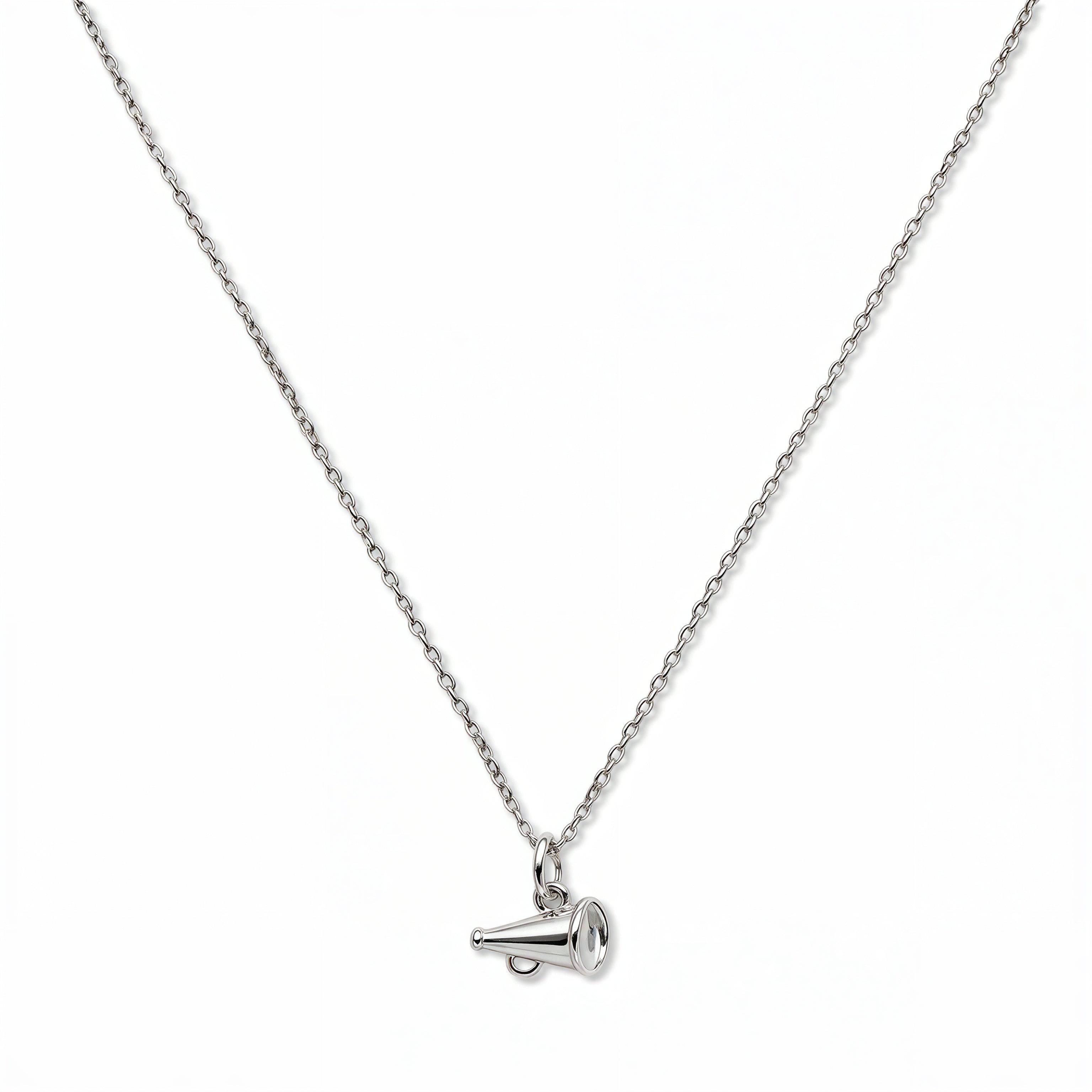 A Megaphone Gameday Necklace by Skōsh Jewelry, featuring a small cheerleader megaphone pendant on a fine sterling silver chain, displayed against a white background.