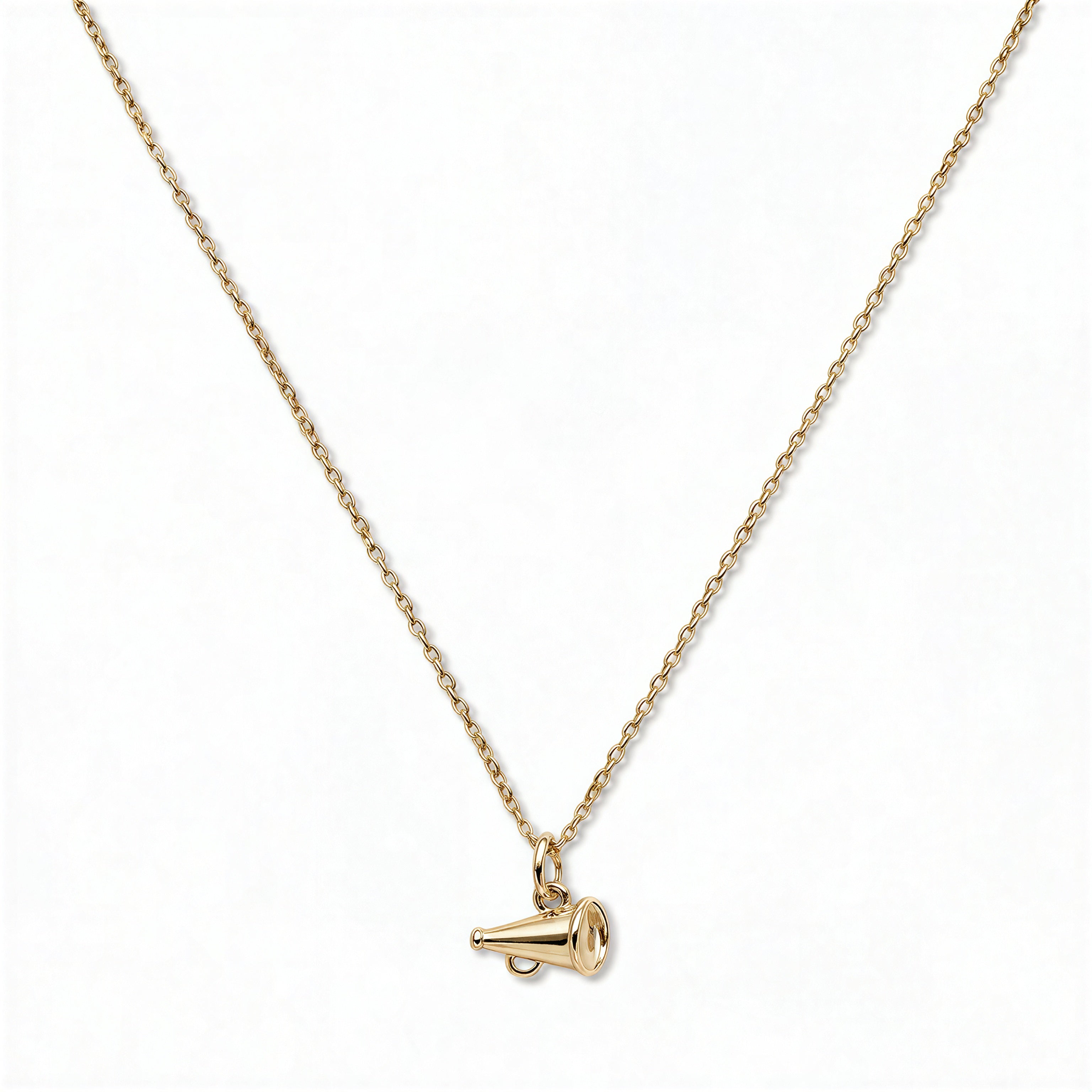 A Megaphone Gameday Necklace by Skōsh Jewelry, featuring a small cheerleader megaphone pendant on a fine gold chain, displayed against a white background.
