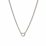A Lucent Mini Heart Necklace by Skōsh Jewelry, featuring a tiny open heart set on a fine sterling silver chain, displayed against a white background.