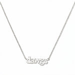 A Dawgs Gameday Necklace by Skōsh Jewelry, featuring the word 'dawgs' in lowercase letters set horizontally on a fine sterling silver chain, displayed against a white background.