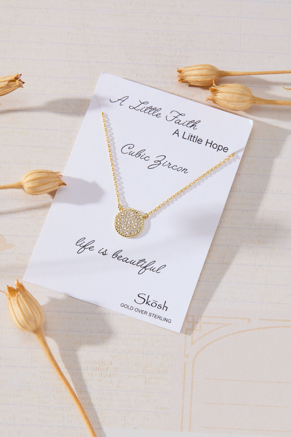 Luna Glow Pavé Disc White Cubic Zirconia Necklace in 14K gold over sterling silver by Skōsh Jewelry