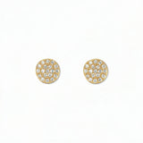 A pair of Luna Glow Pavé Disc White Cubic Zirconia Earrings by Skōsh Jewelry, featuring round discs covered in small clear pavé stones set in gold, displayed against a white background.