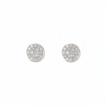A pair of Luna Glow Pavé Disc White Cubic Zirconia Earrings by Skōsh Jewelry, featuring round discs covered in small clear pavé stones set in sterling silver, displayed against a white background.