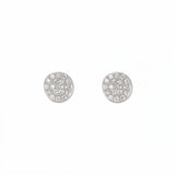A pair of Luna Glow Pavé Disc White Cubic Zirconia Earrings by Skōsh Jewelry, featuring round discs covered in small clear pavé stones set in sterling silver, displayed against a white background.