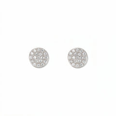 A pair of Luna Glow Pavé Disc White Cubic Zirconia Earrings by Skōsh Jewelry, featuring round discs covered in small clear pavé stones set in sterling silver, displayed against a white background.