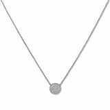 A Purelight Pavé Disc White Cubic Zirconia with Braided Halo Necklace by Skōsh Jewelry, featuring a round pavé disc of clear stones framed by a braided sterling silver halo on a fine chain, displayed against a white background.