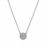 A Purelight Pavé Disc White Cubic Zirconia with Braided Halo Necklace by Skōsh Jewelry, featuring a round pavé disc of clear stones framed by a braided sterling silver halo on a fine chain, displayed against a white background.