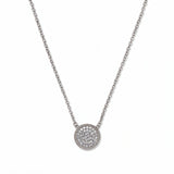A Purelight Pavé Disc White Cubic Zirconia with Braided Halo Necklace by Skōsh Jewelry, featuring a round pavé disc of clear stones framed by a braided sterling silver halo on a fine chain, displayed against a white background.