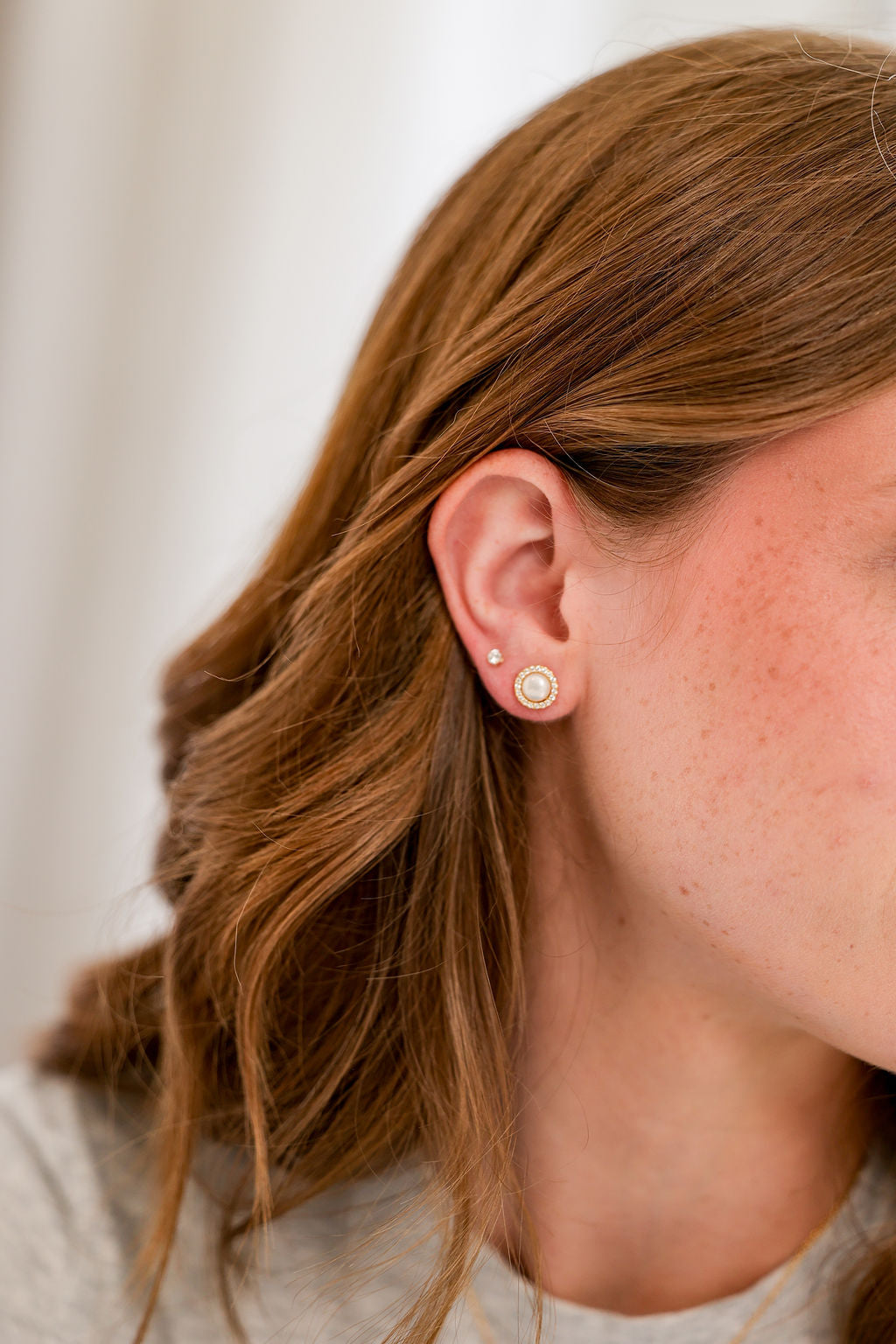 Freshwater Pearl with White Cubic Zirconia Halo Earrings in 14K gold over sterling silver by Skōsh Jewelry