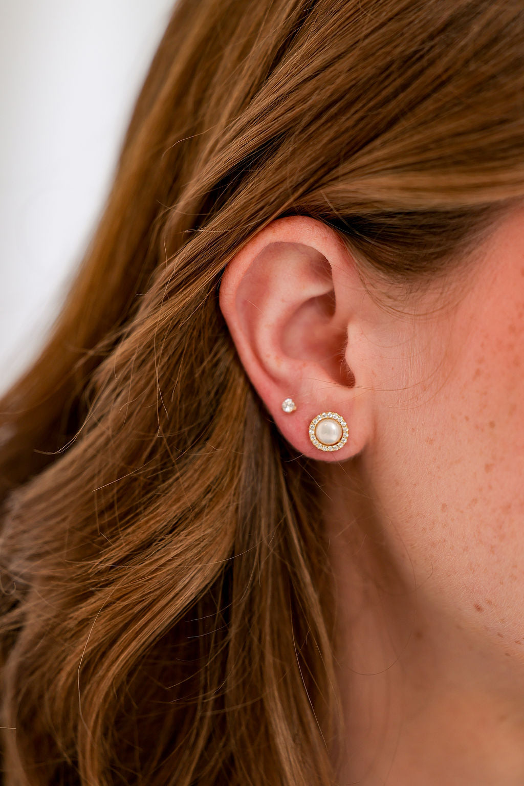 Freshwater Pearl with White Cubic Zirconia Halo Earrings in 14K gold over sterling silver by Skōsh Jewelry