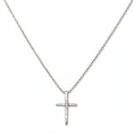 A Redemption Hammered Cross with White Cubic Zirconia Necklace by Skōsh Jewelry, featuring a hammered cross accented with three small clear stones on a fine sterling silver chain, displayed against a white background.