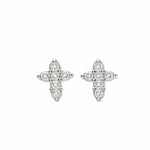A pair of Shine Mini Cross with White Cubic Zirconia Earrings by Skōsh Jewelry, featuring small crosses formed from clear stones in sterling silver, displayed against a white background.